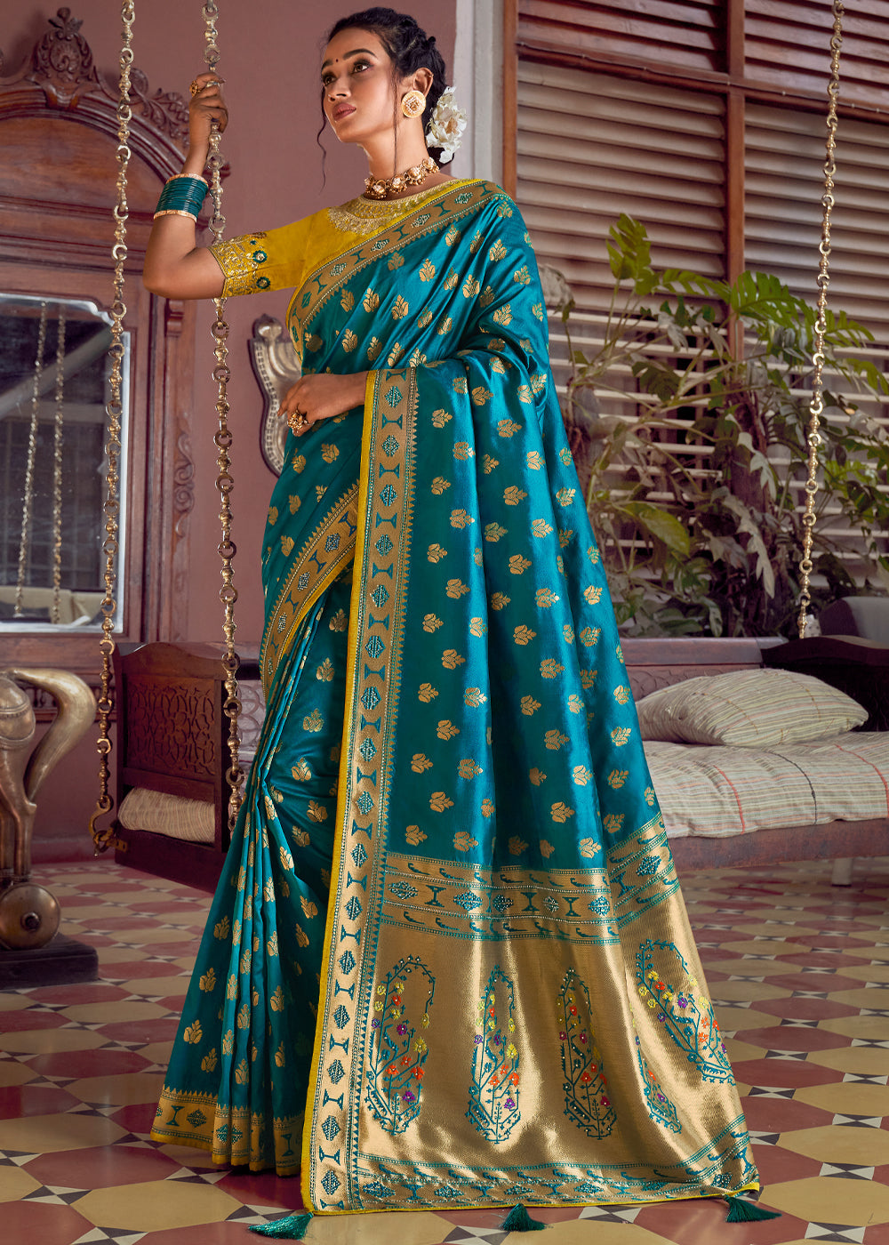 Buy MySilkLove Teal Blue and Yellow Zari Woven Banarasi Brocade Saree Online