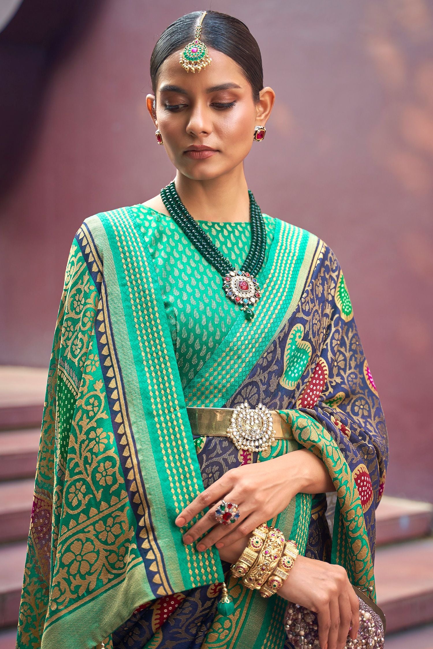 Buy MySilkLove Trout Blue and Green Printed Brasso Saree Online