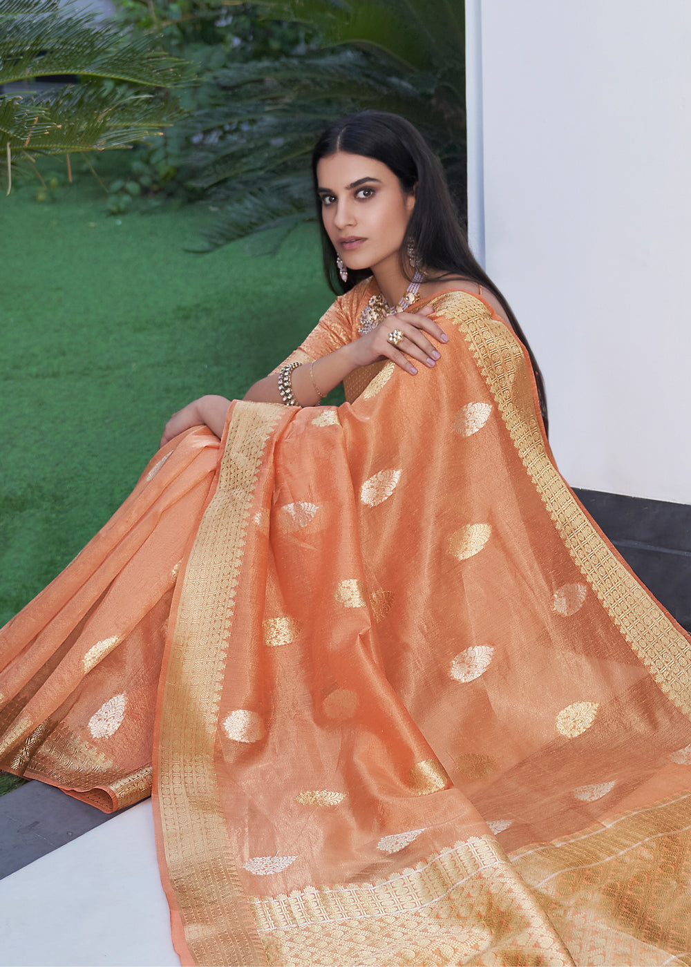 Buy MySilkLove Negroni Peach Zari Woven Tissue Banarasi Silk Saree Online