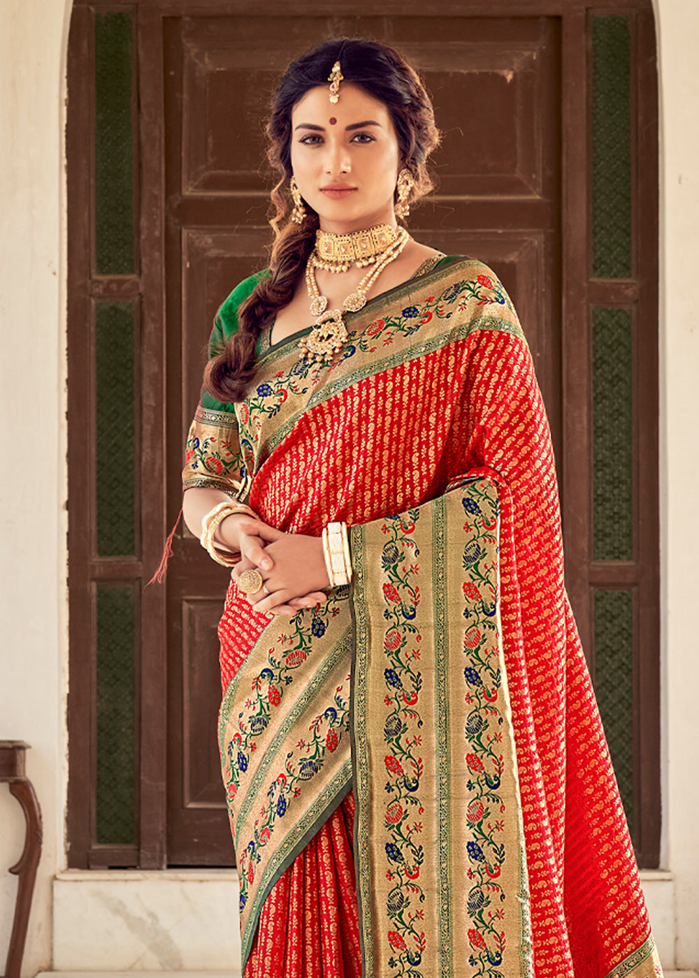 MySilkLove Cognac Red and Green Zari Woven Banarasi Brocade Saree