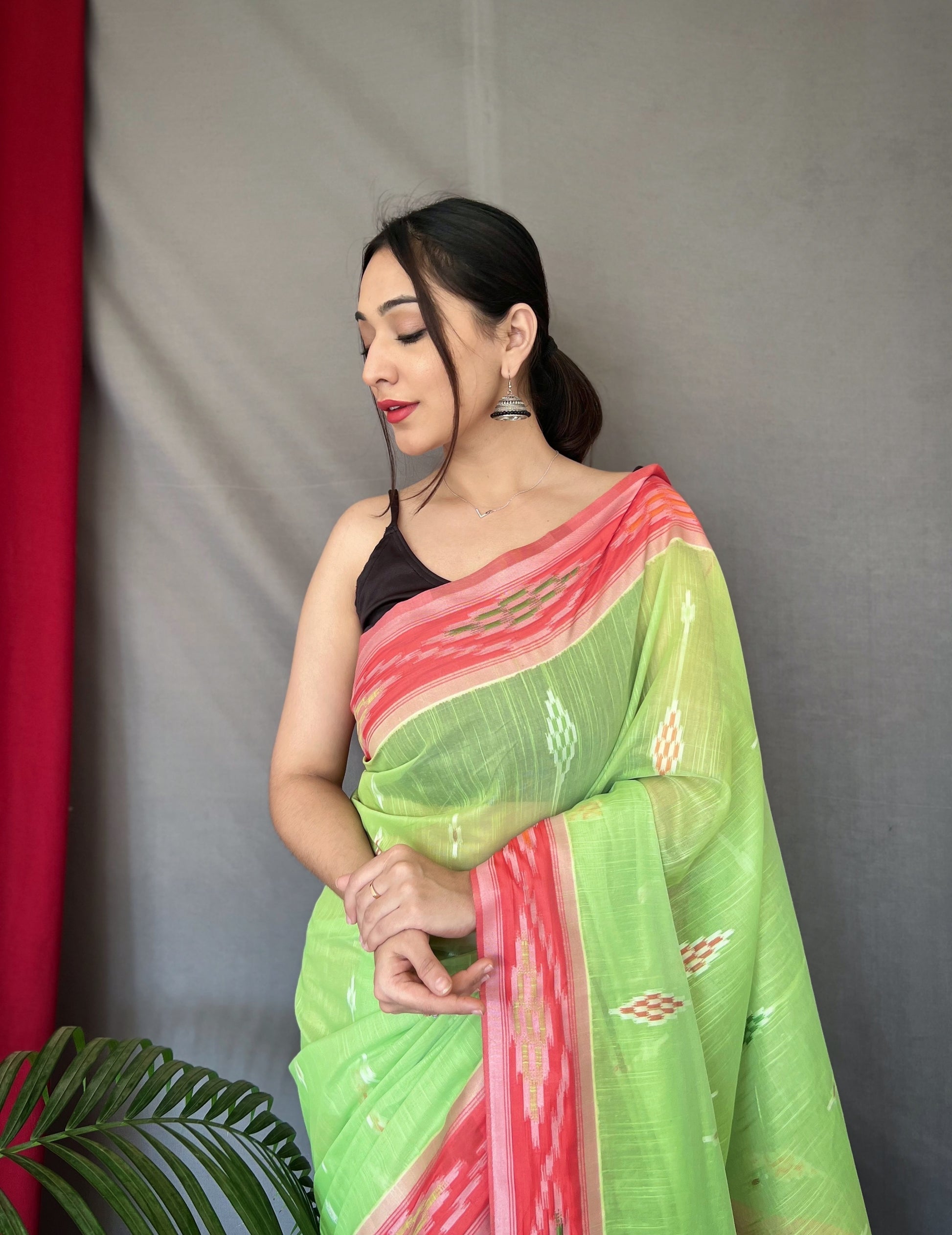 Buy MySilkLove Feijoa Green Ikat Woven Cotton Silk Saree Online