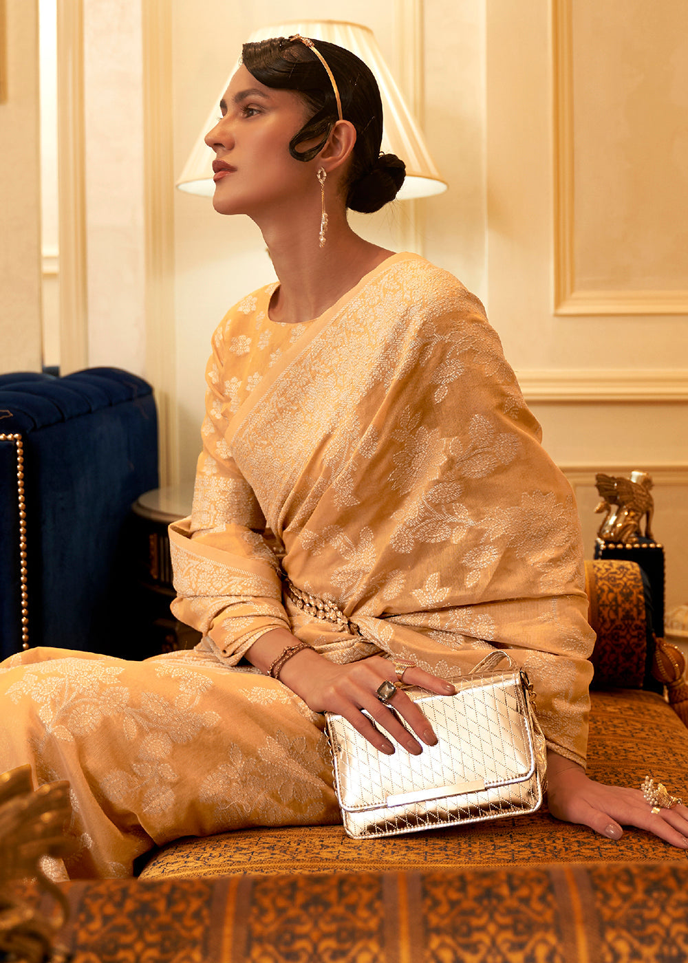 Buy MySilkLove Harvest Gold Light Brown Woven Chikankari Saree Online