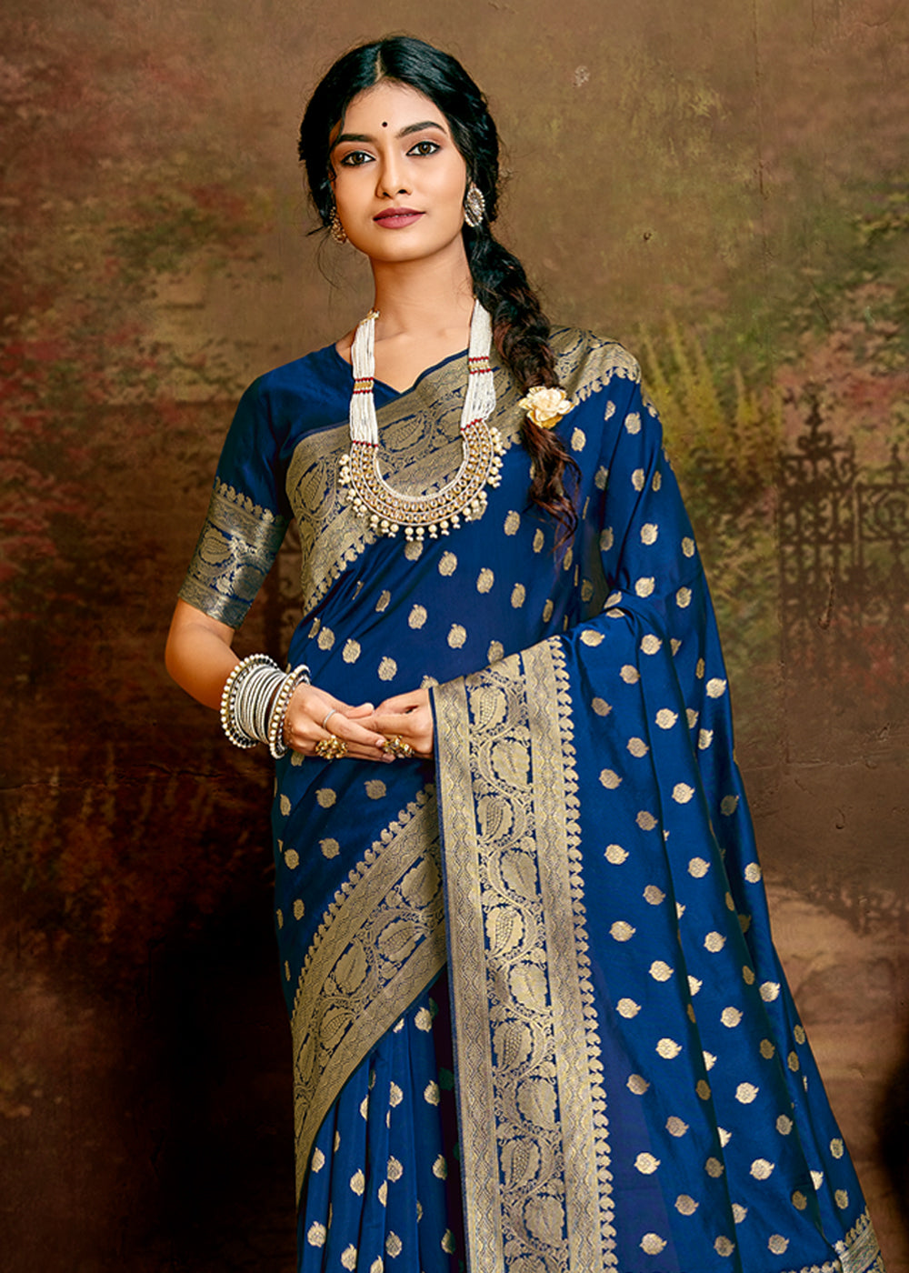 Buy MySilkLove Prussian Blue Zari Woven Banarasi Jamdani Silk Saree Online