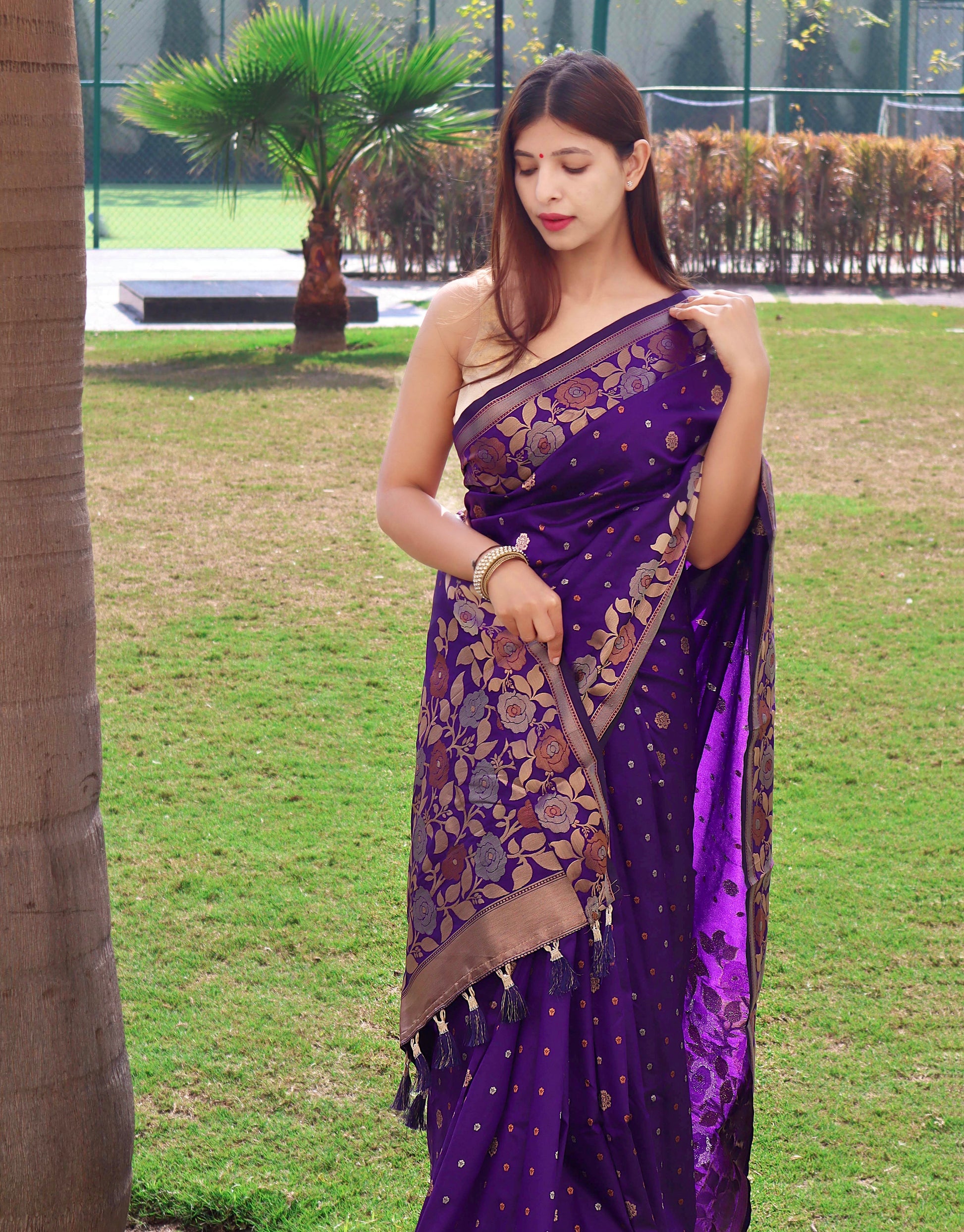 Buy MySilkLove Honey Flower Purple Soft Silk Saree with Floral Woven Border and Pallu Online