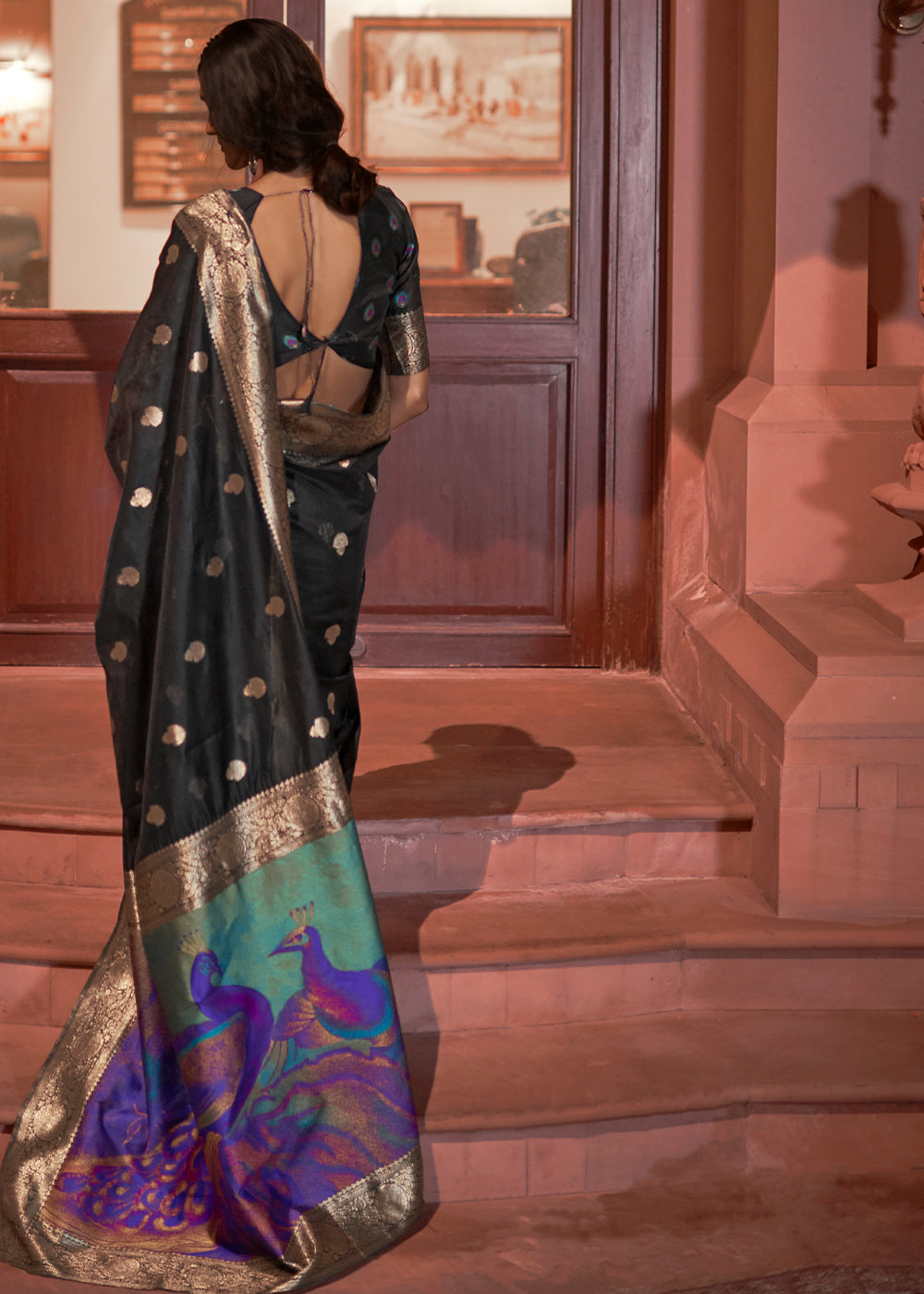 Buy MySilkLove Dune Black Zari Woven Banarasi Saree with Peacock Pallu Online