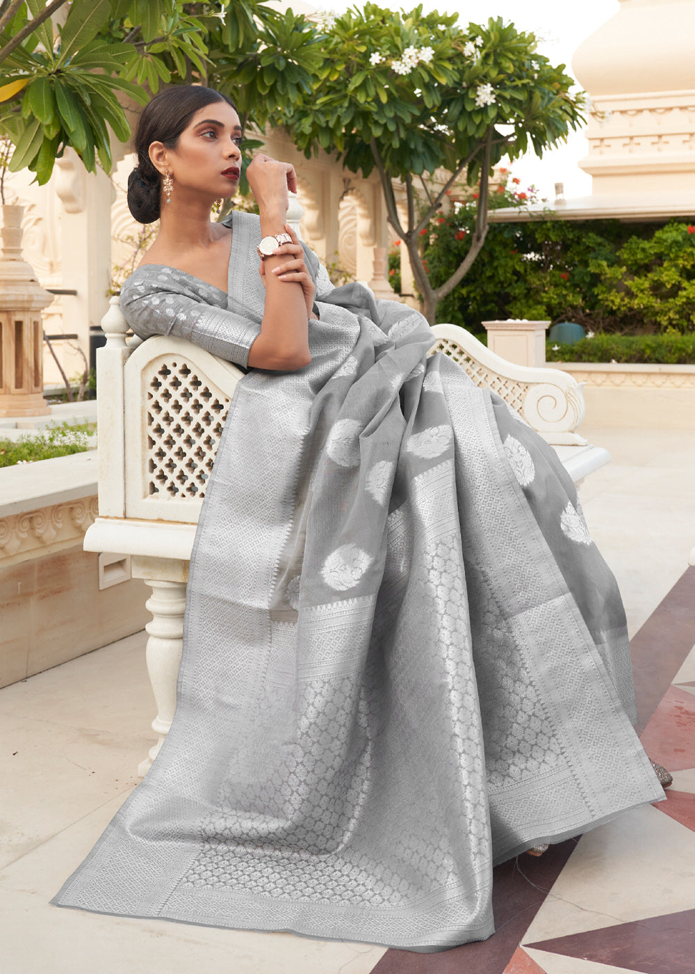 Buy MySilkLove Friar Grey Zari Woven Banarasi Linen Saree Online