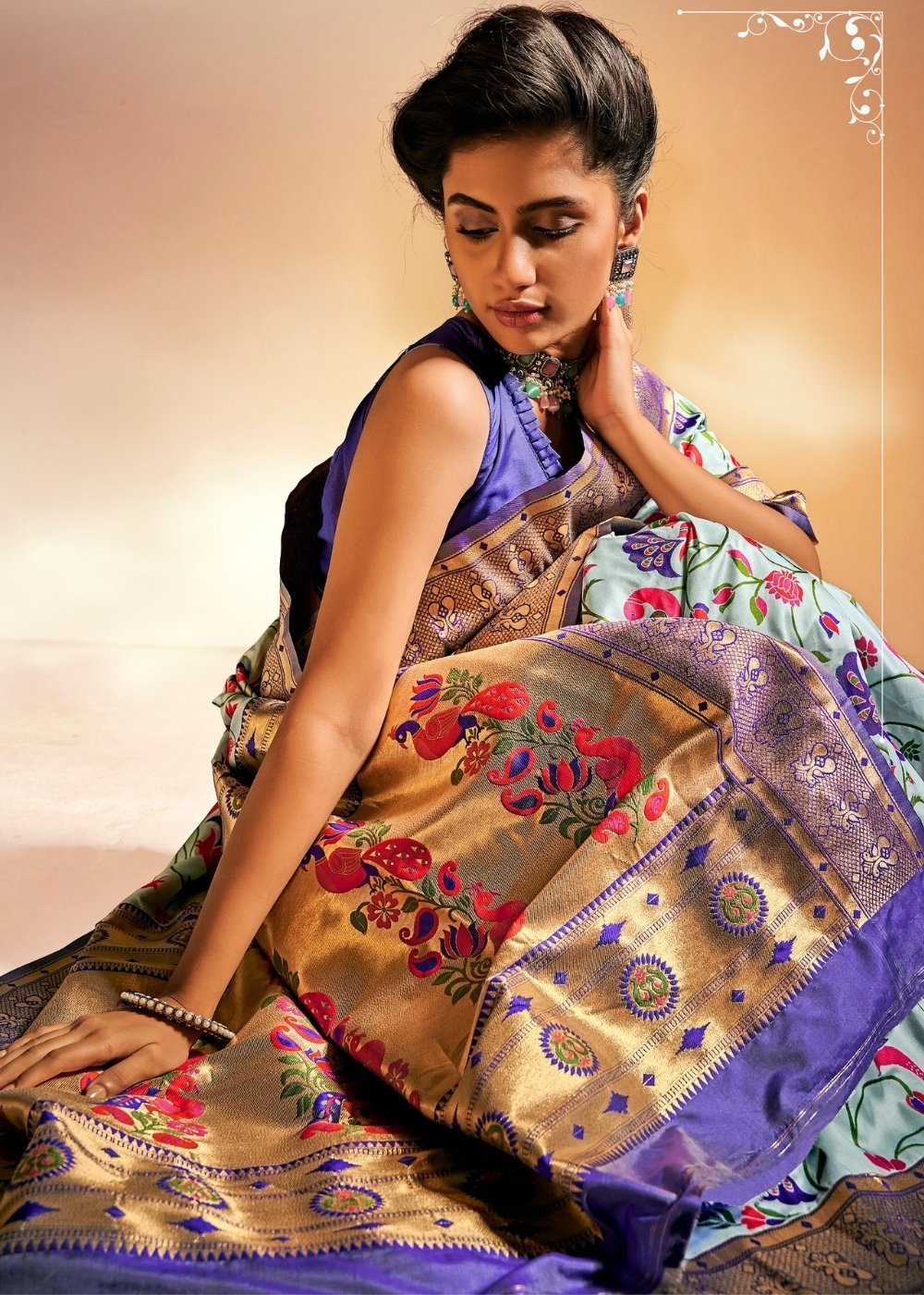 Buy MySilkLove Swans Blue Zari Woven Banarasi Paithani Fusion Saree Online