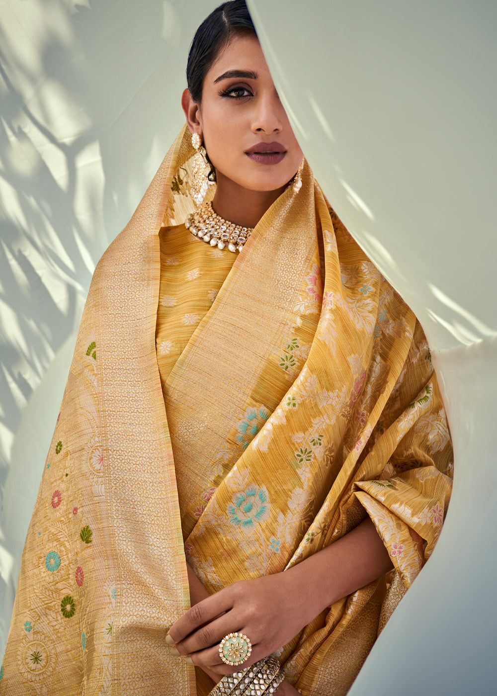 Buy MySilkLove Mustard Yellow Zari Woven Banarasi Linen Saree Online