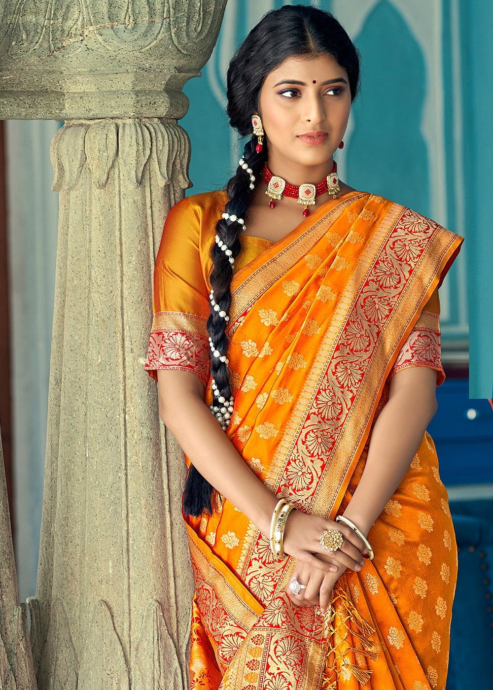 MySilkLove Picasso Orange Zari Woven Banarasi Saree