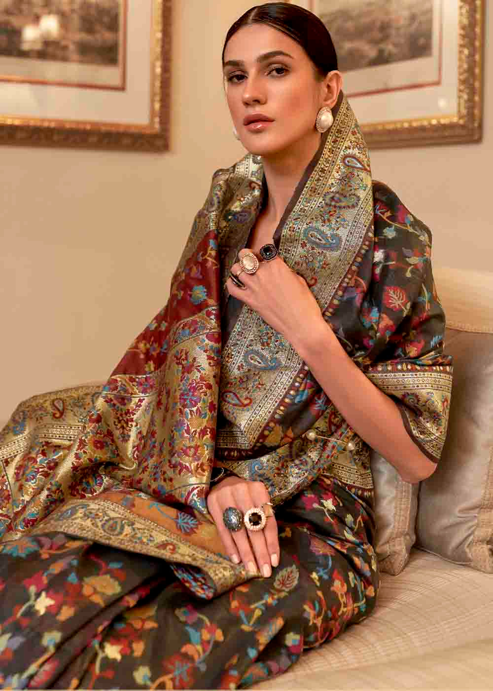 Buy MySilkLove Sonali Kulkarni in Taupe Black Banarasi Jamawar Woven Silk Saree Online