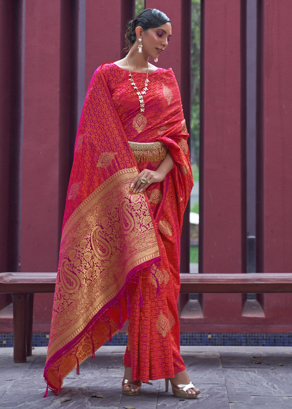 MySilkLove Red Damask Banarasi Woven Satin Silk Saree