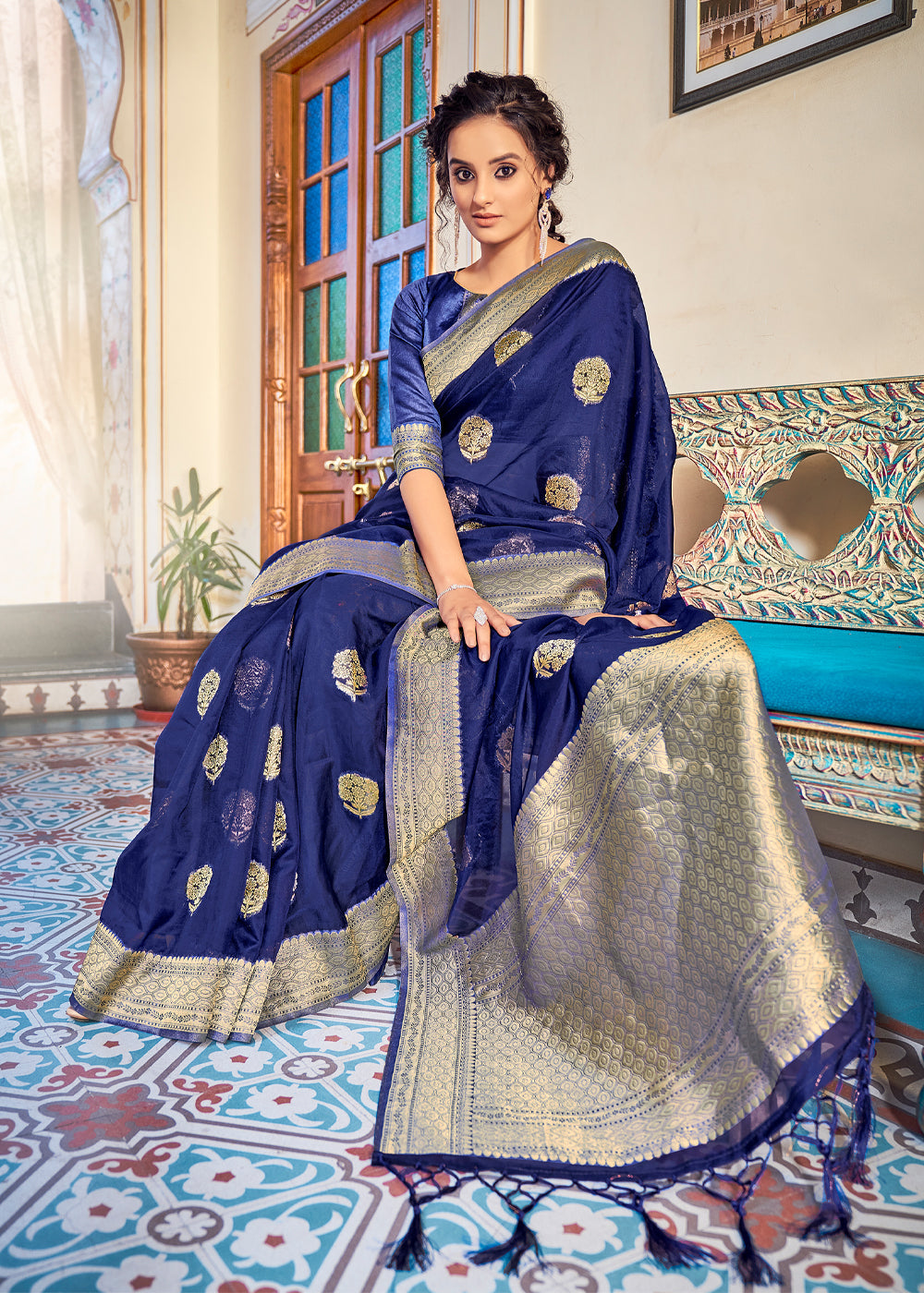 Buy MySilkLove East Bay Blue Zari Woven Banarasi Organza Saree Online