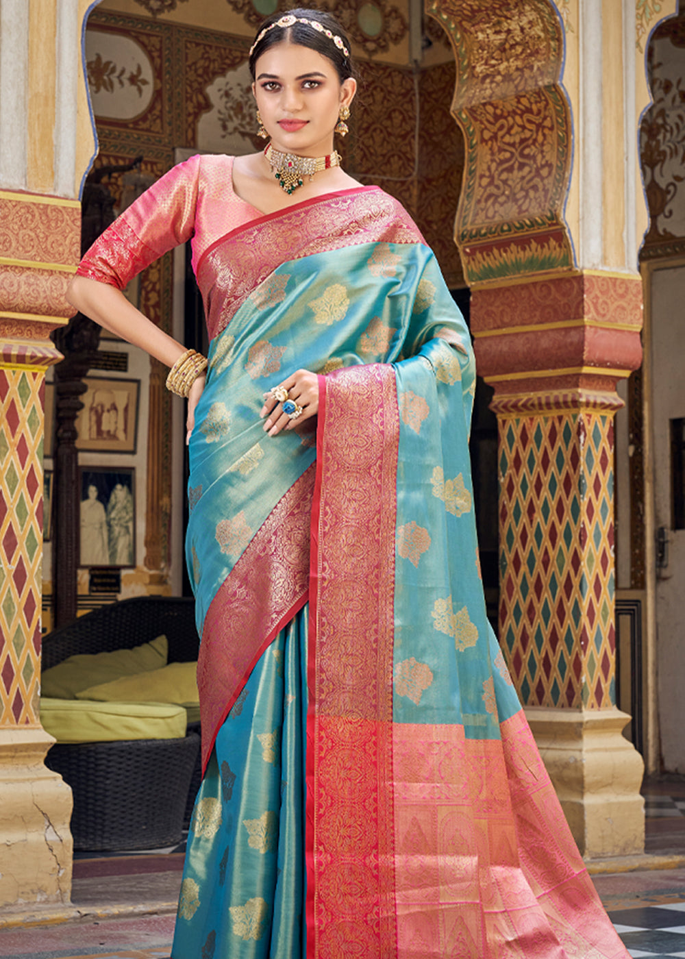 Buy MySilkLove Neptune Blue Woven Banarasi Barcode Silk Saree Online