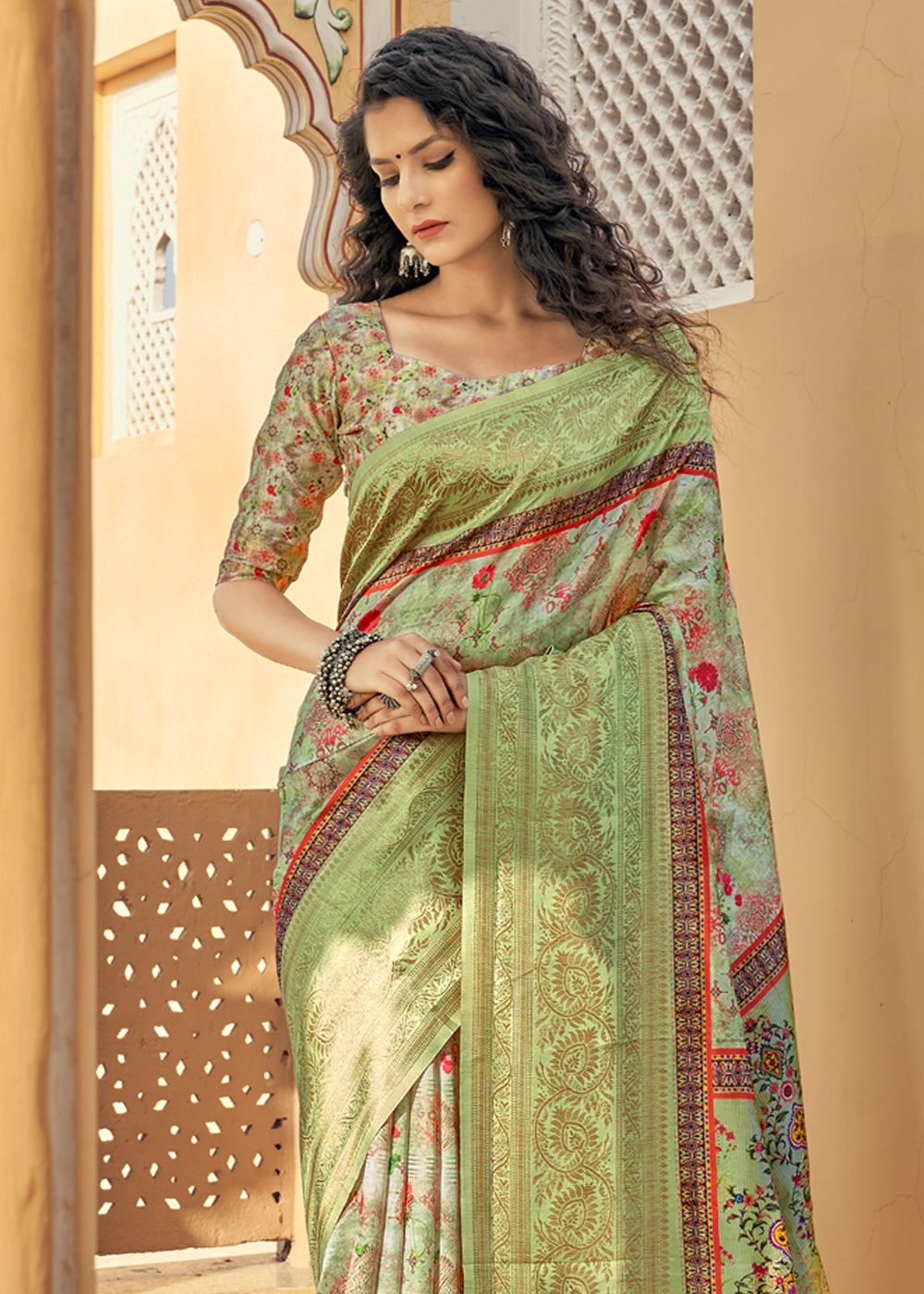 MySilkLove Barley Green Digital Printed Jacquard Silk Saree