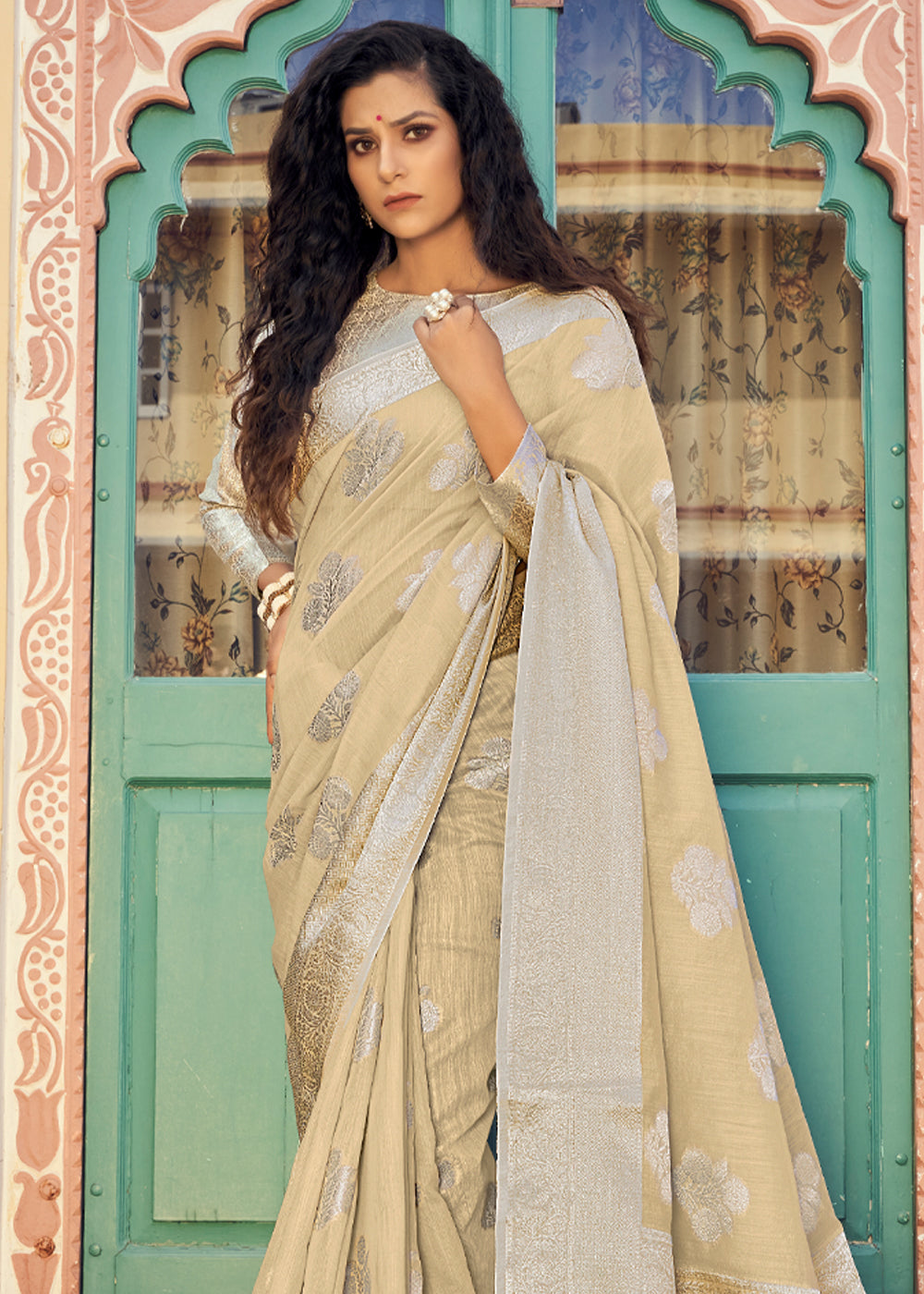 MySilkLove Straw Cream Zari Woven Banarasi Linen Saree