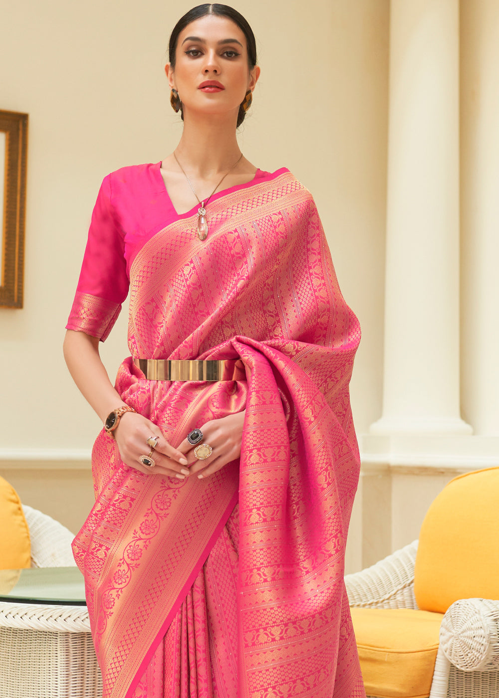 Buy MySilkLove Hot Pink Zari Woven Kanjivaram Saree Online