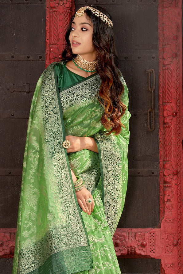 MySilkLove Olivine Green Organza Saree