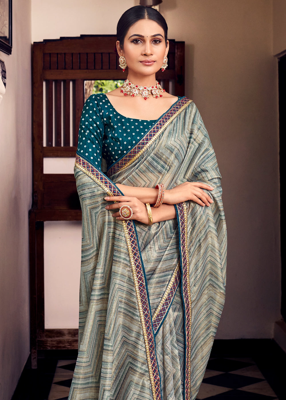 Buy MySilkLove Wedgewood Blue Digital Printed Lehriya Silk Saree Online