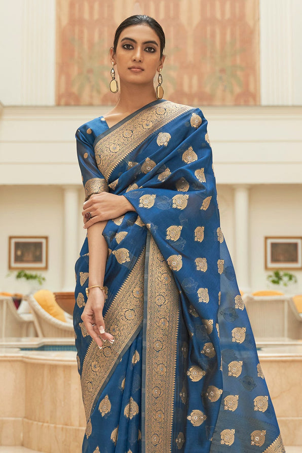 Buy MySilkLove San Marino Blue Zari Woven Organza Silk Saree Online