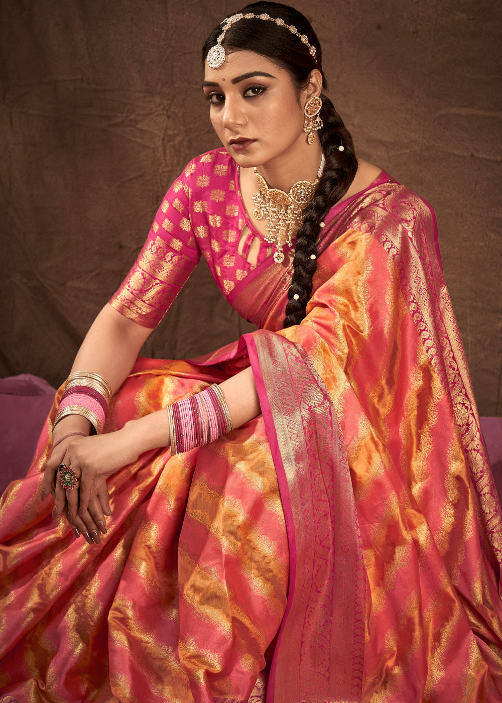 Buy MySilkLove Jaffa Orangre and Pink Woven Rangkath Banarasi Silk Saree Online