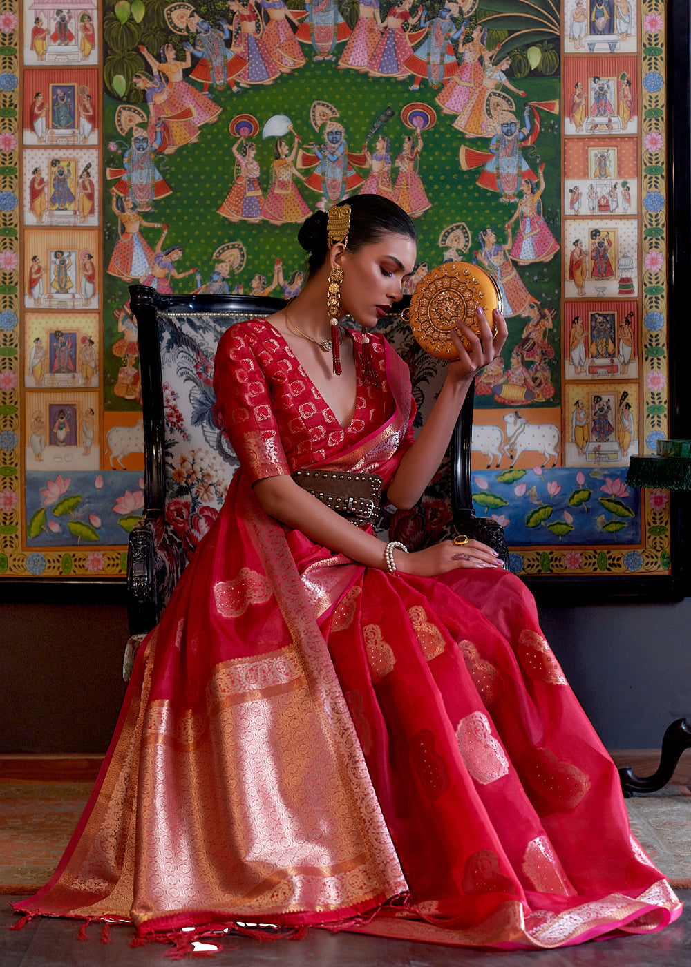 Buy MySilkLove Rose Pearl Red Woven Banarasi Organza Silk Saree Online