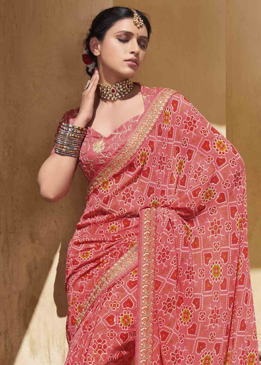 MySilkLove My Pink Patola Print Georgette Saree With Embroidered Blouse