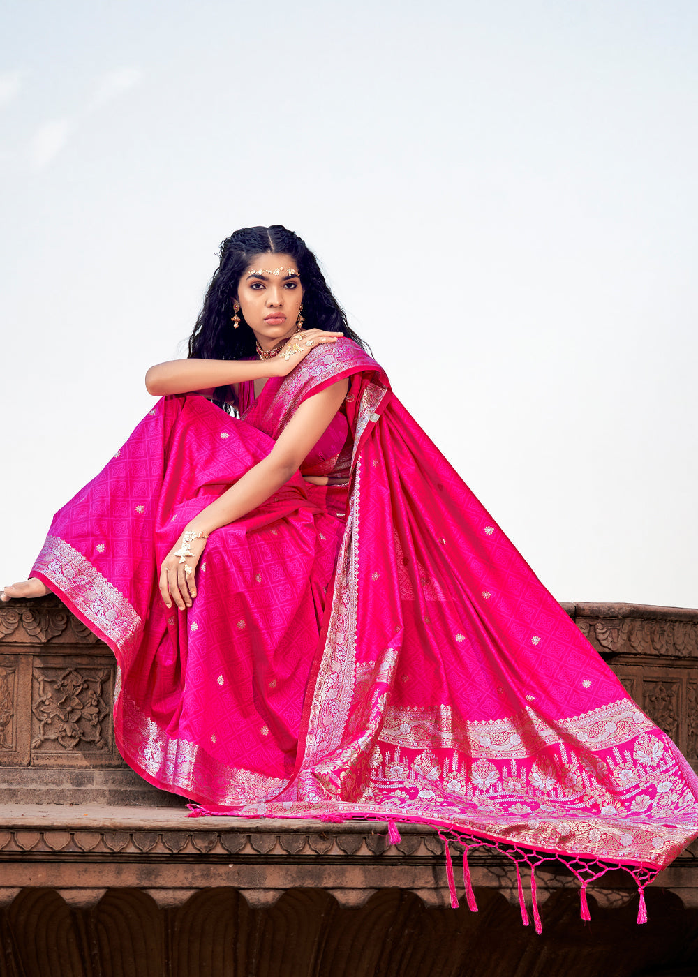 Buy MySilkLove Rose Pink Woven Banarasi Satin Silk Saree Online
