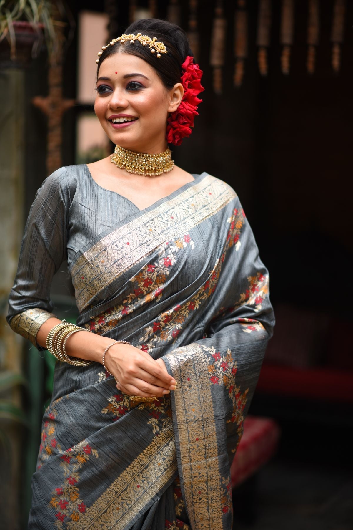 Bombay Grey Woven Tussar Silk Saree
