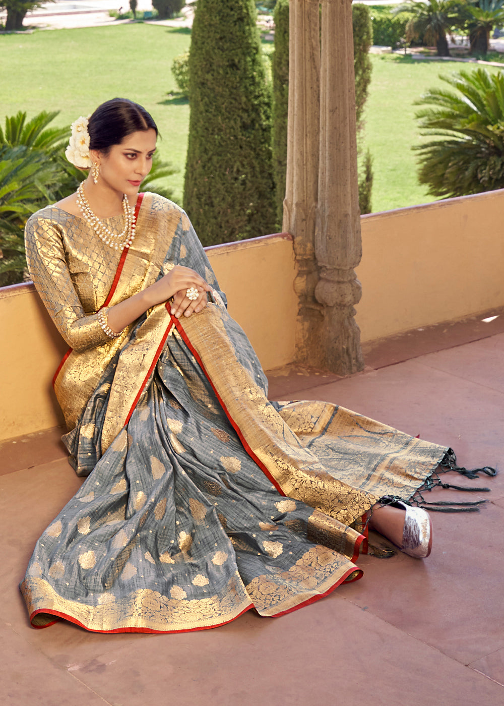 Buy MySilkLove Silver Sand Grey Zari Woven Banarasi Linen Saree Online