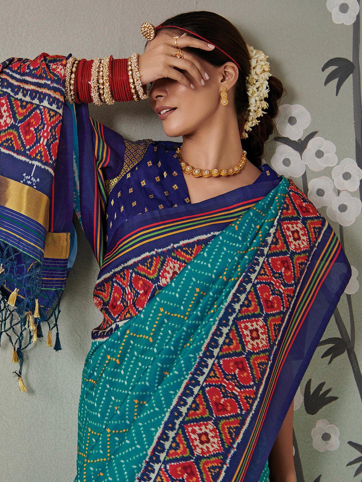 Buy MySilkLove Elm Dark Blue Printed Patola Silk Saree Online