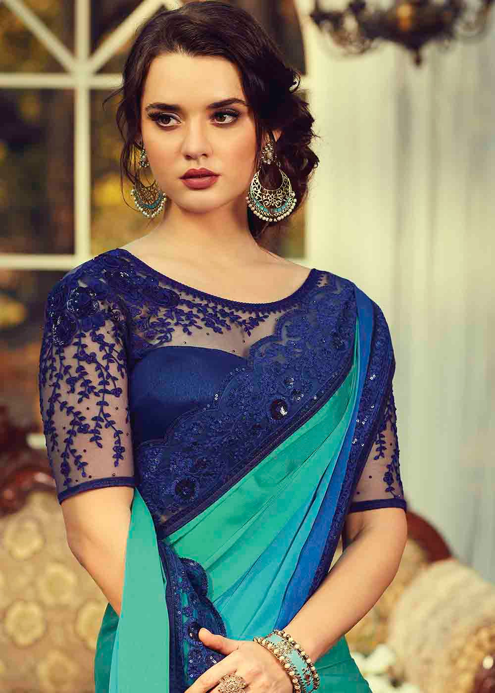 Buy MySilkLove Riptide Blue Embroidered Designer Saree Online