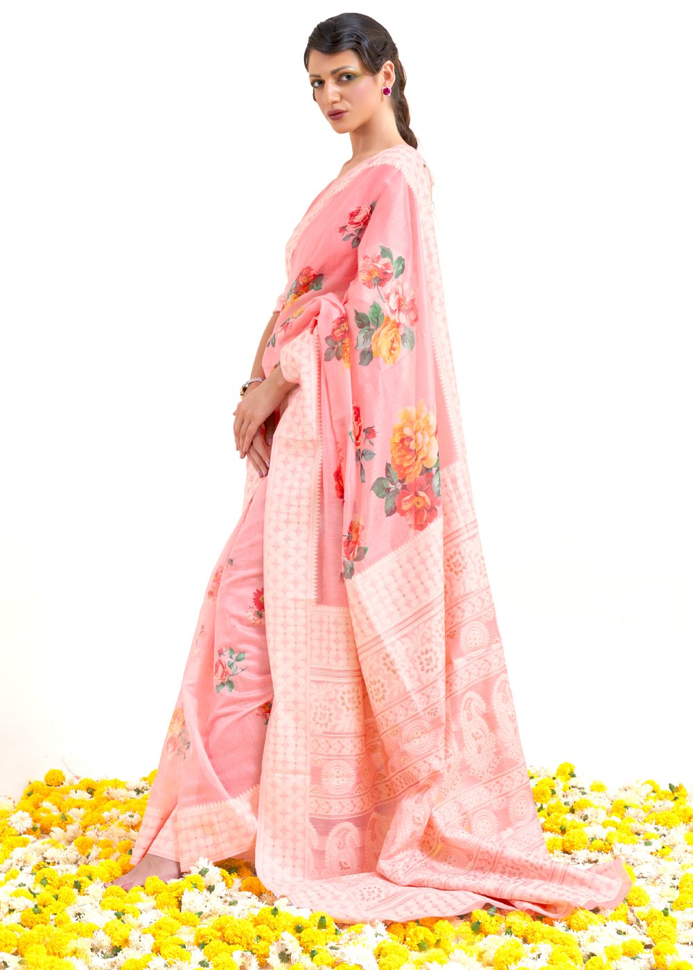 MySilkLove Azalea Pink Zari Woven Digital Printed Linen Saree