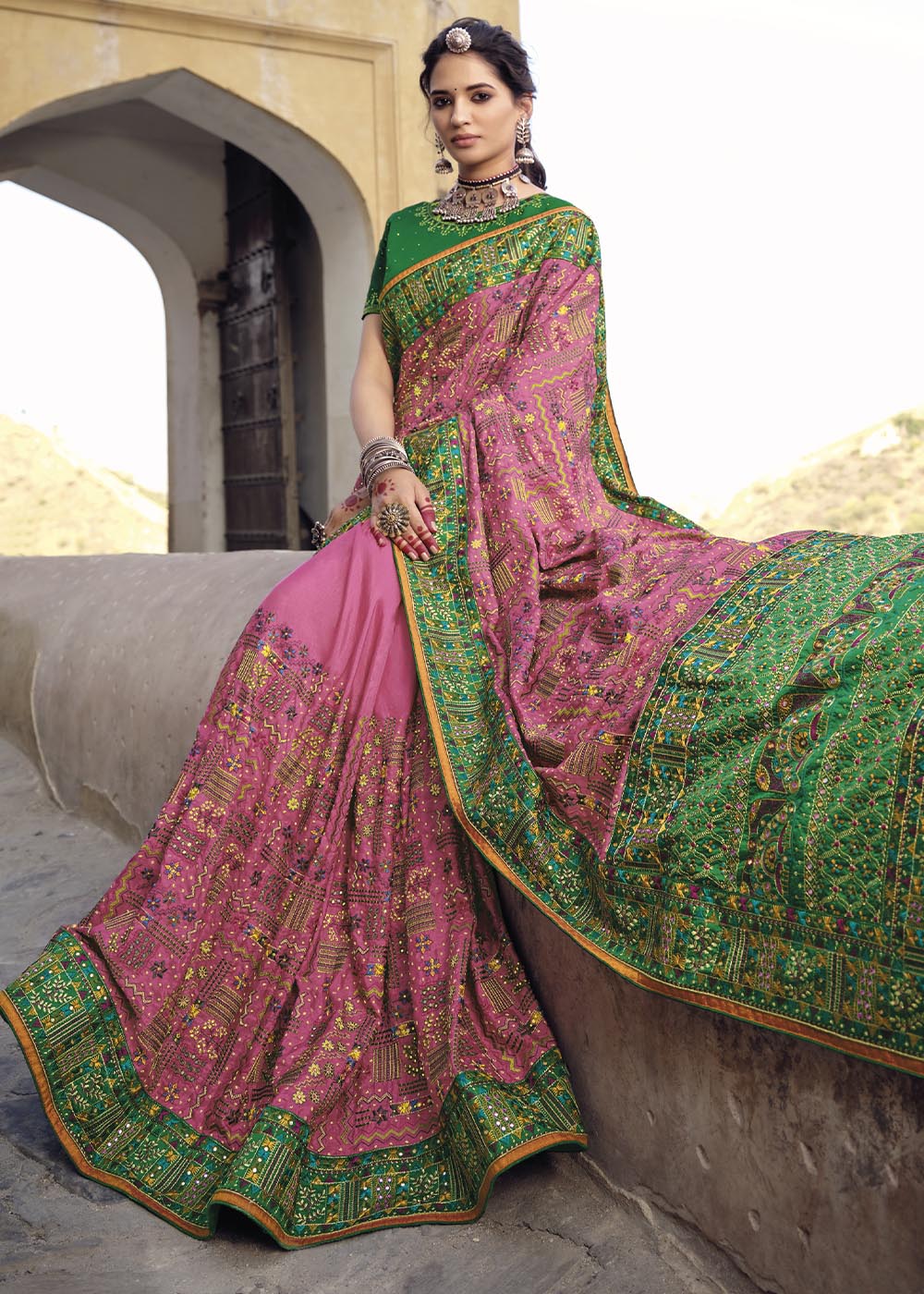 Buy MySilkLove Contessa Pink and Green Banarasi Saree with Kachhi,Mirror and Diamond Work Online