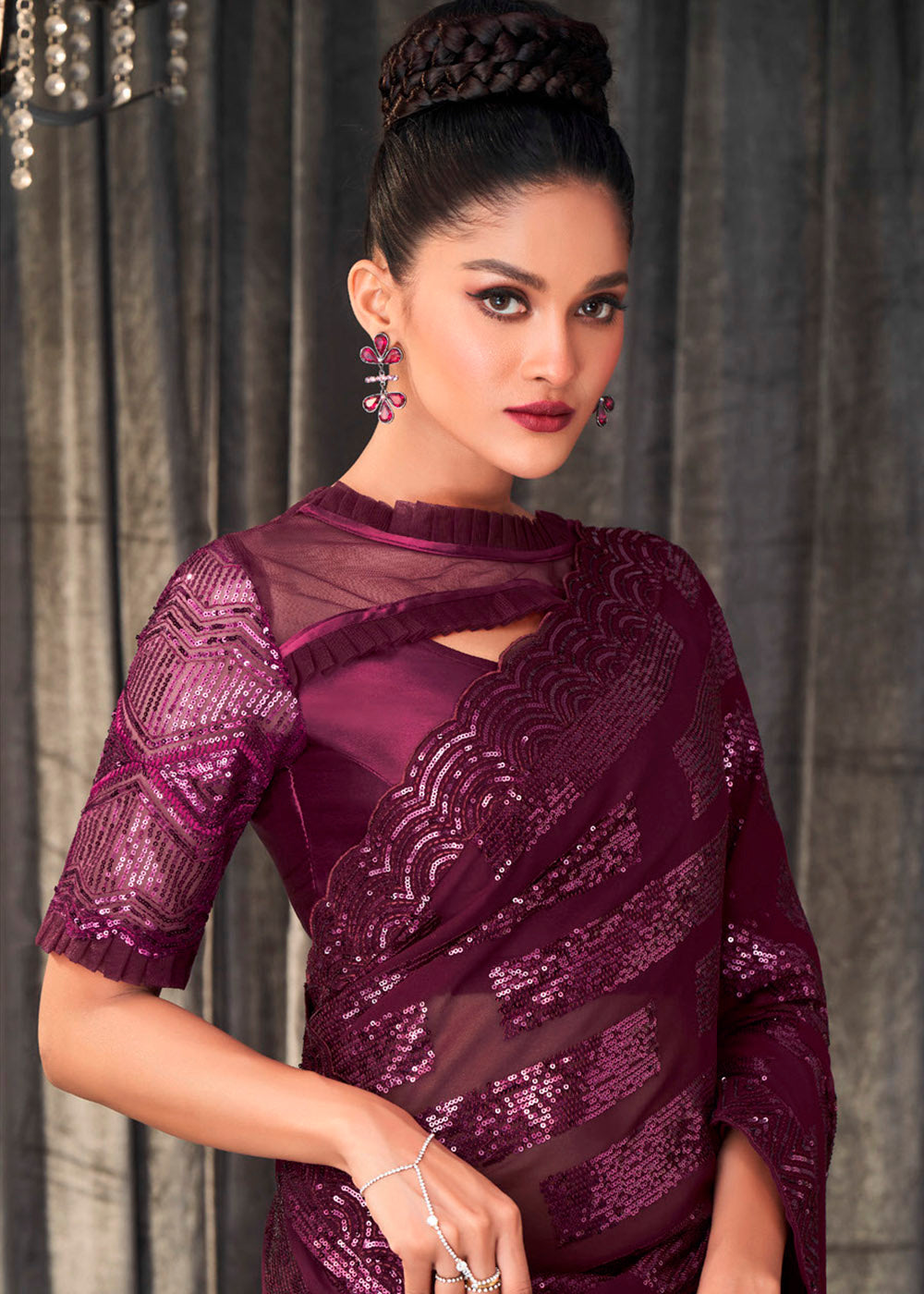 Buy MySilkLove Cosmic Purple Sequins Embroidered Designer Georgette Saree Online