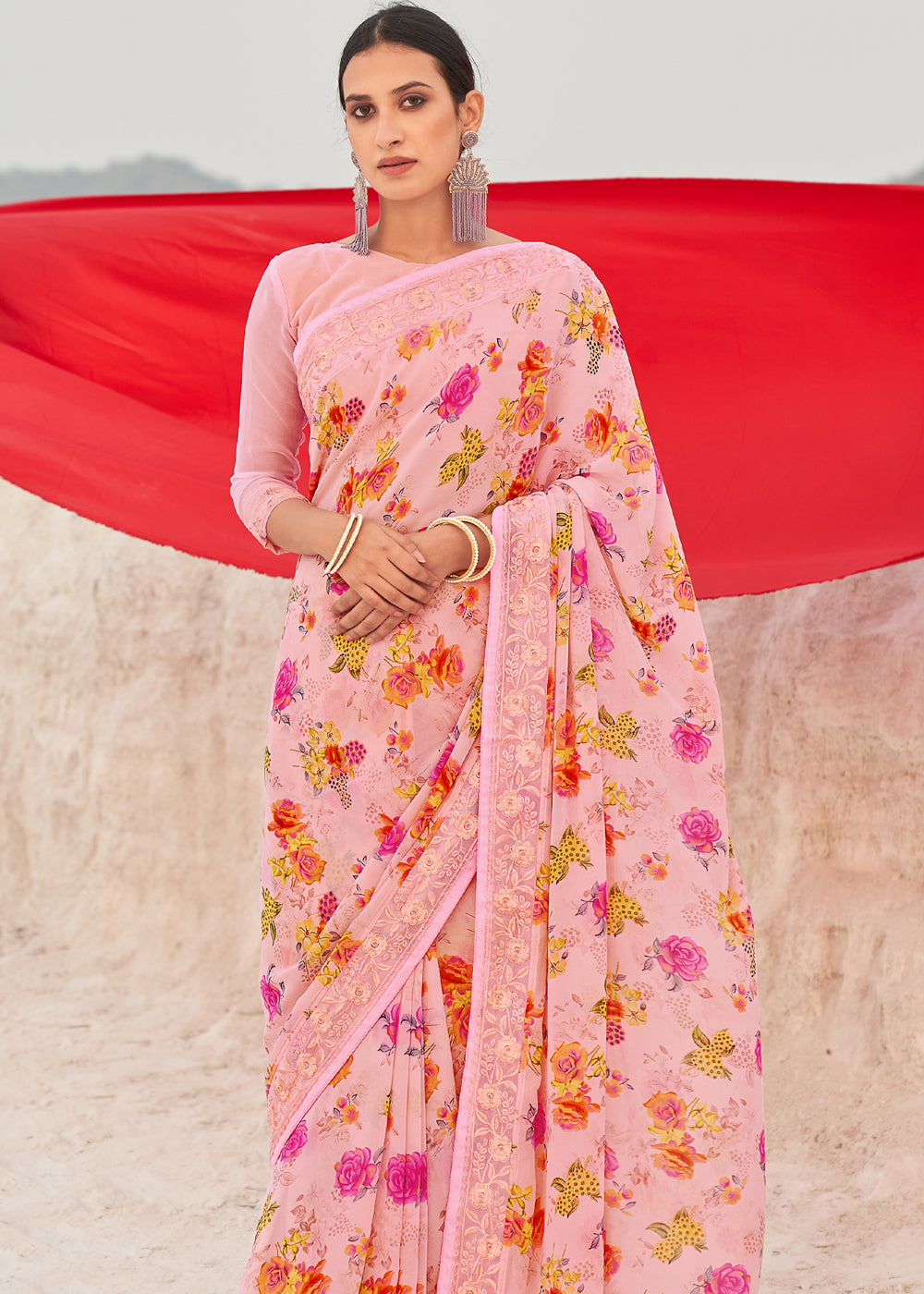 Buy MySilkLove Seashell Pink Digital Printed Chiffon Saree Online