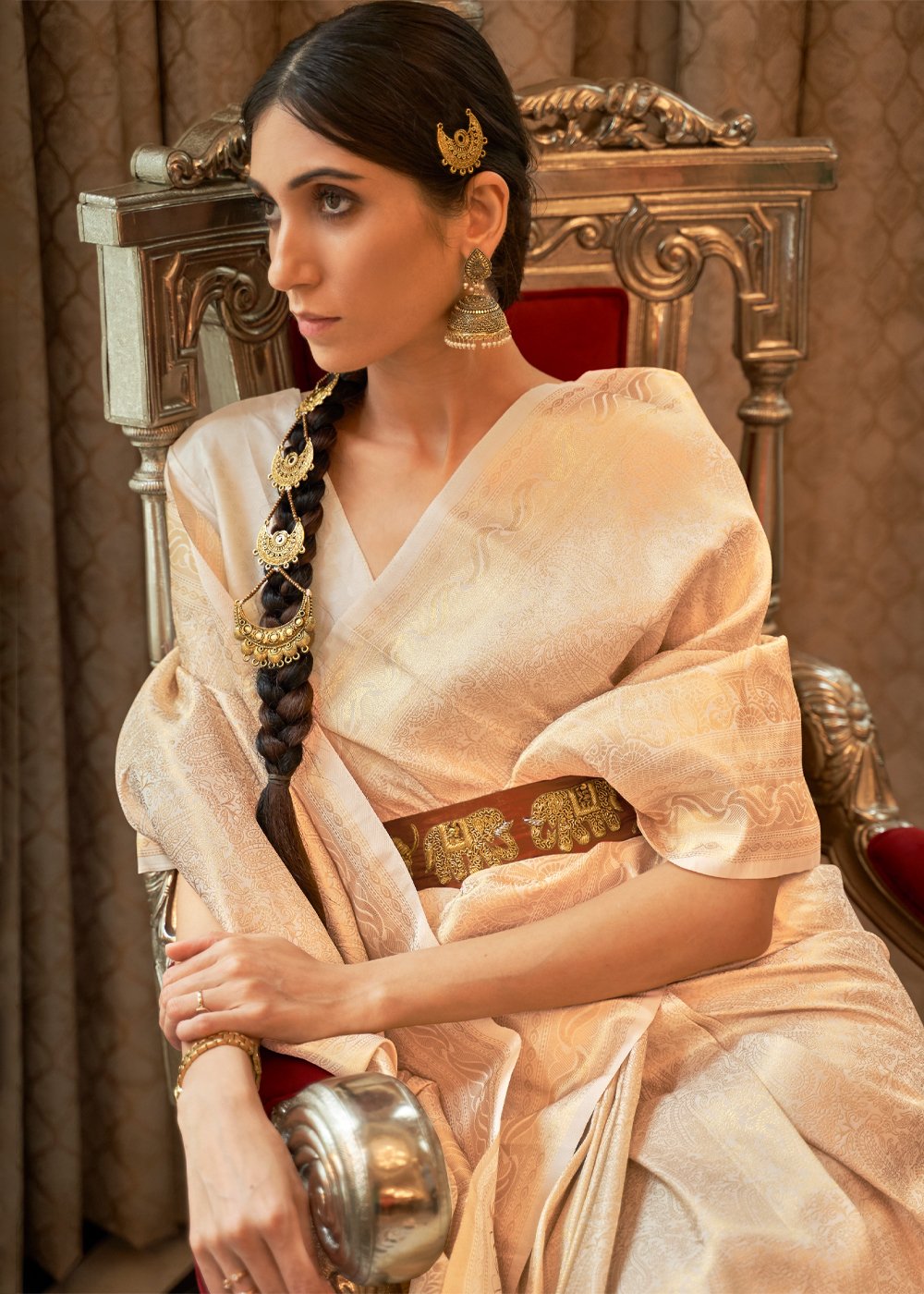 Buy MySilkLove Gold Sand Cream Zari Woven Kanjivaram Saree Online