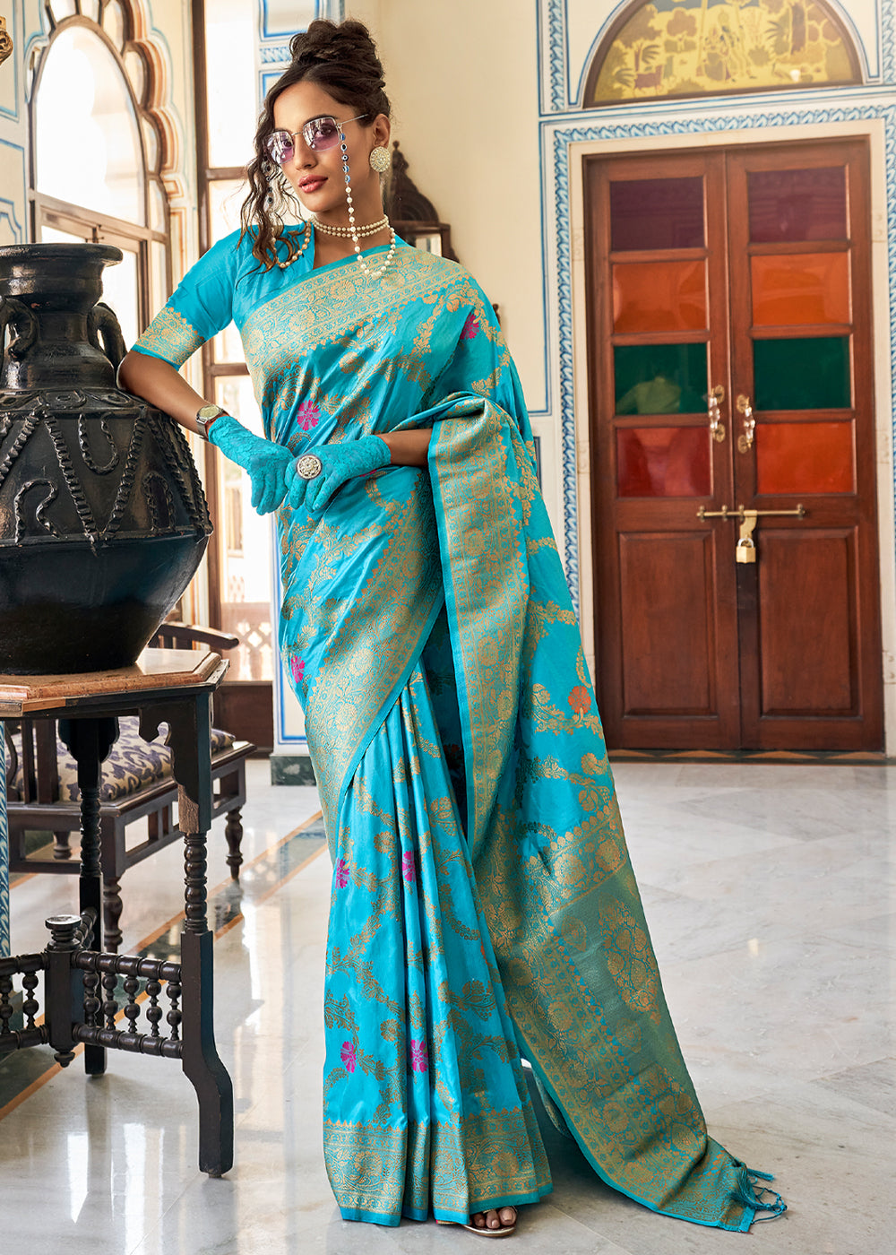 Buy MySilkLove Aquamarine Blue Zari Woven Dola Silk Saree Online