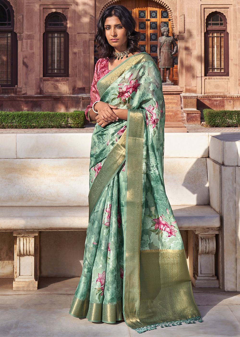 Buy MySilkLove Envy Green Digital Printed Banarasi Cotton Saree Online