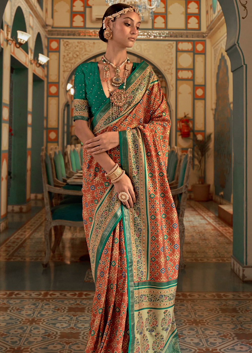 Buy MySilkLove Chest Orange and Green Woven Patola Silk Saree Online