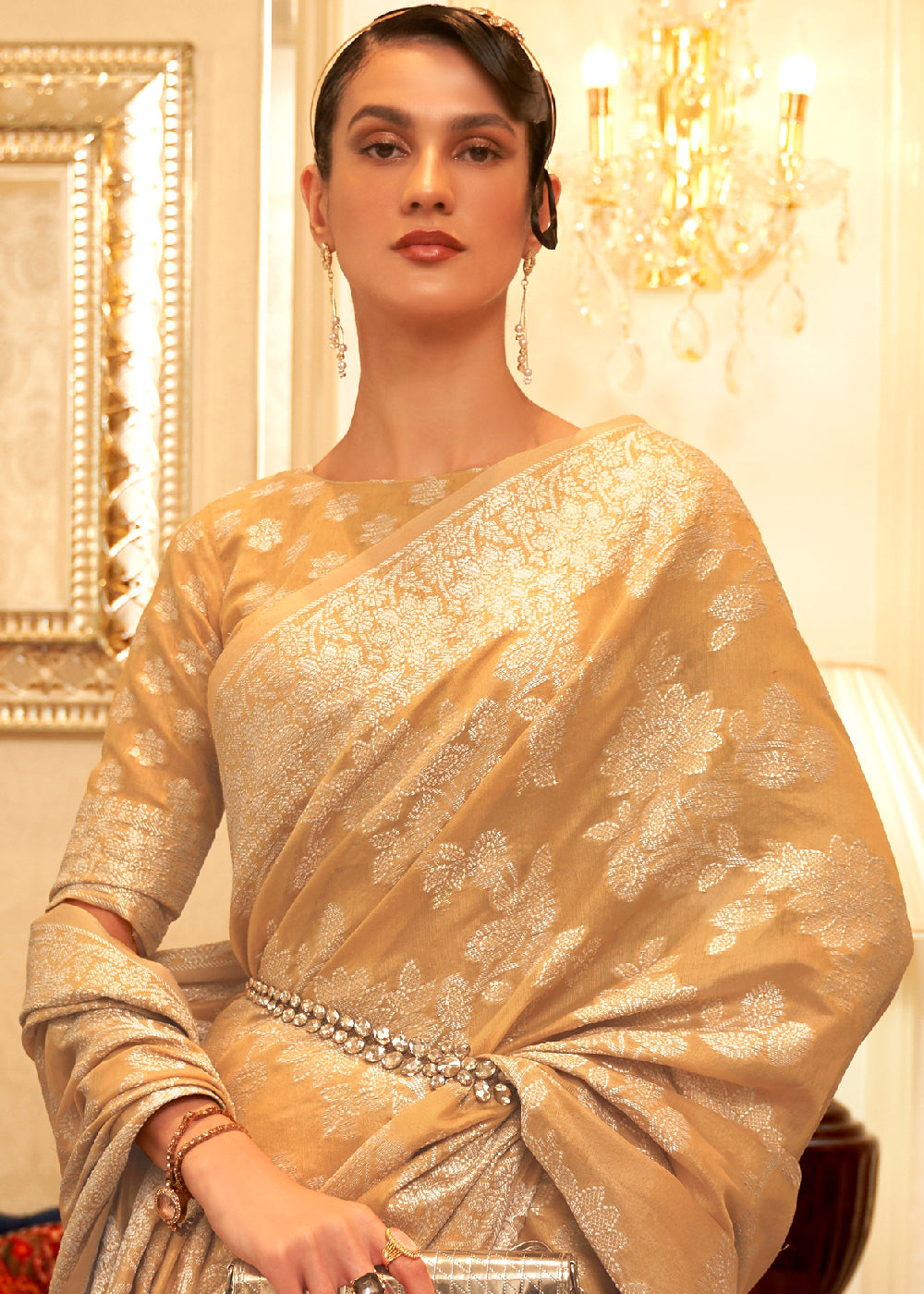 Buy MySilkLove Harvest Gold Light Brown Woven Chikankari Saree Online