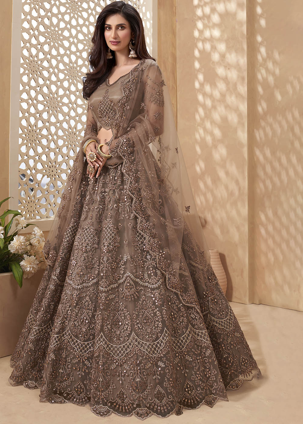 Buy MySilkLove Blast Off Brown Designer Net Lehenga with Multi Thread Embroidery Work Online