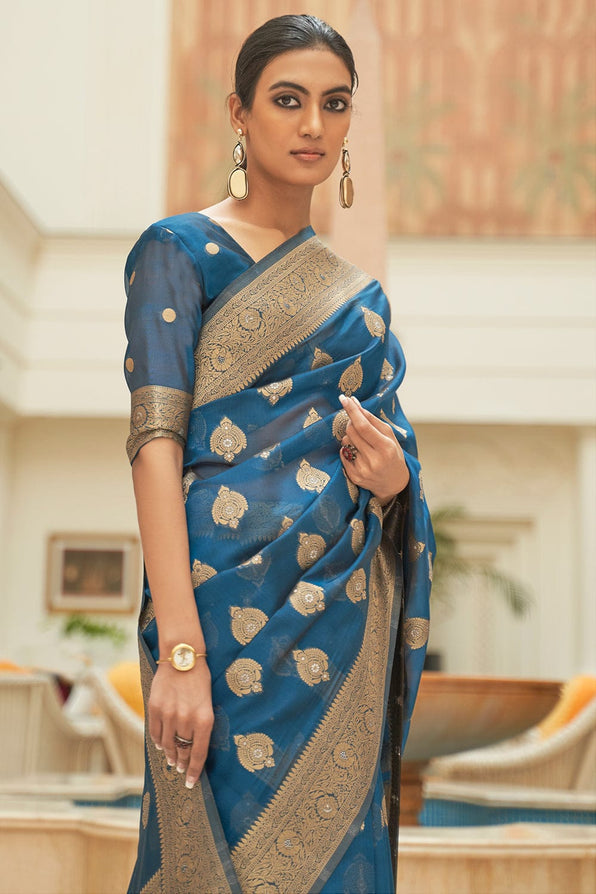 Buy MySilkLove San Marino Blue Zari Woven Organza Silk Saree Online