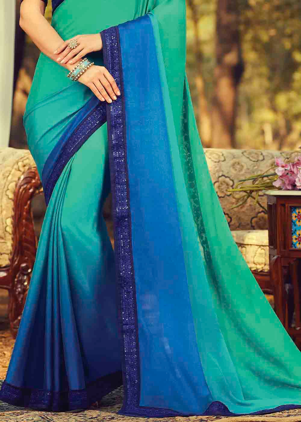 Buy MySilkLove Riptide Blue Embroidered Designer Saree Online