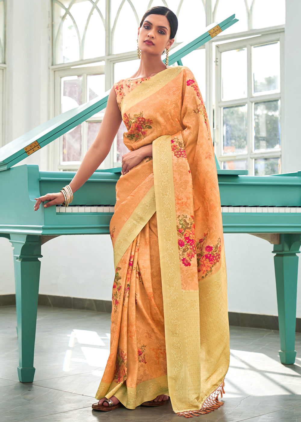 Buy MySilkLove Tan Orange Banarasi Jacquard Printed Saree Online