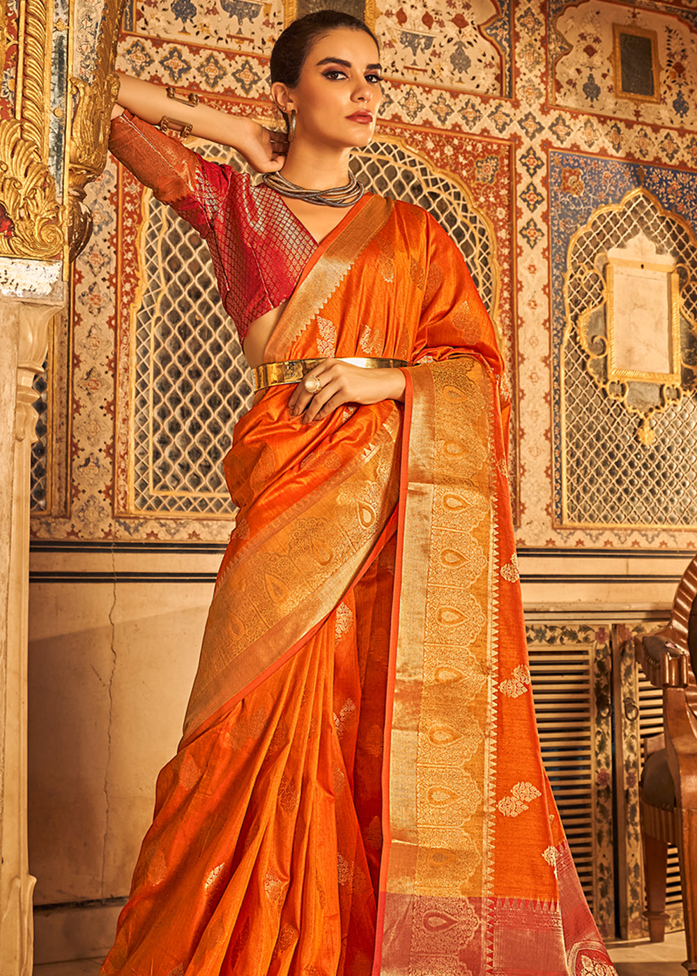 Buy MySilkLove Neon Carrot Orange Banarasi Tussar Woven Silk Saree Online