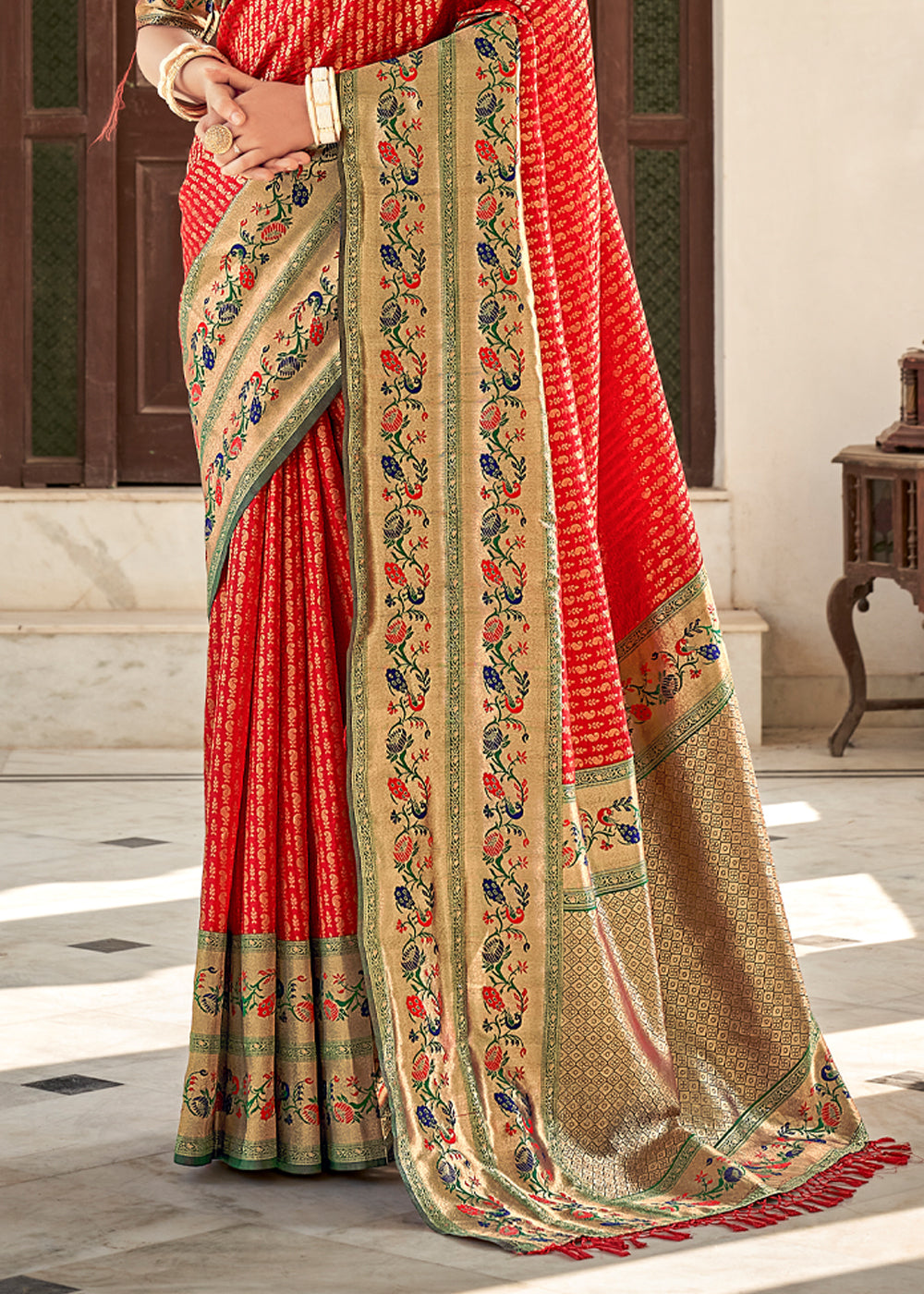 Buy MySilkLove Cognac Red and Green Zari Woven Banarasi Brocade Saree Online