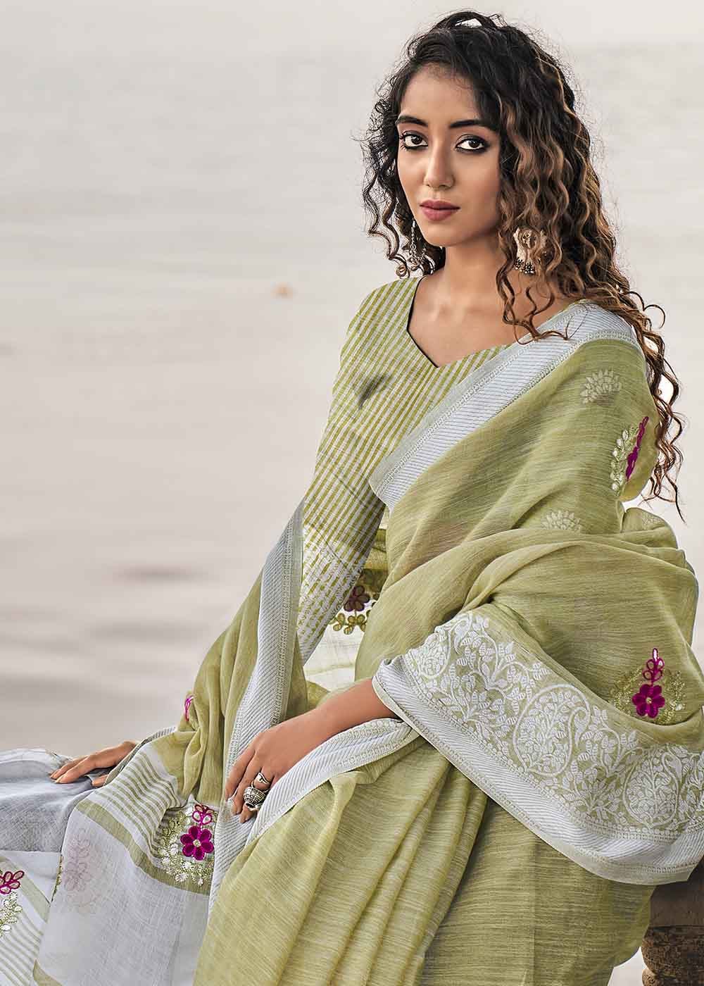 Buy MySilkLove Misty Green Zari Woven Soft Linen Silk Saree Online