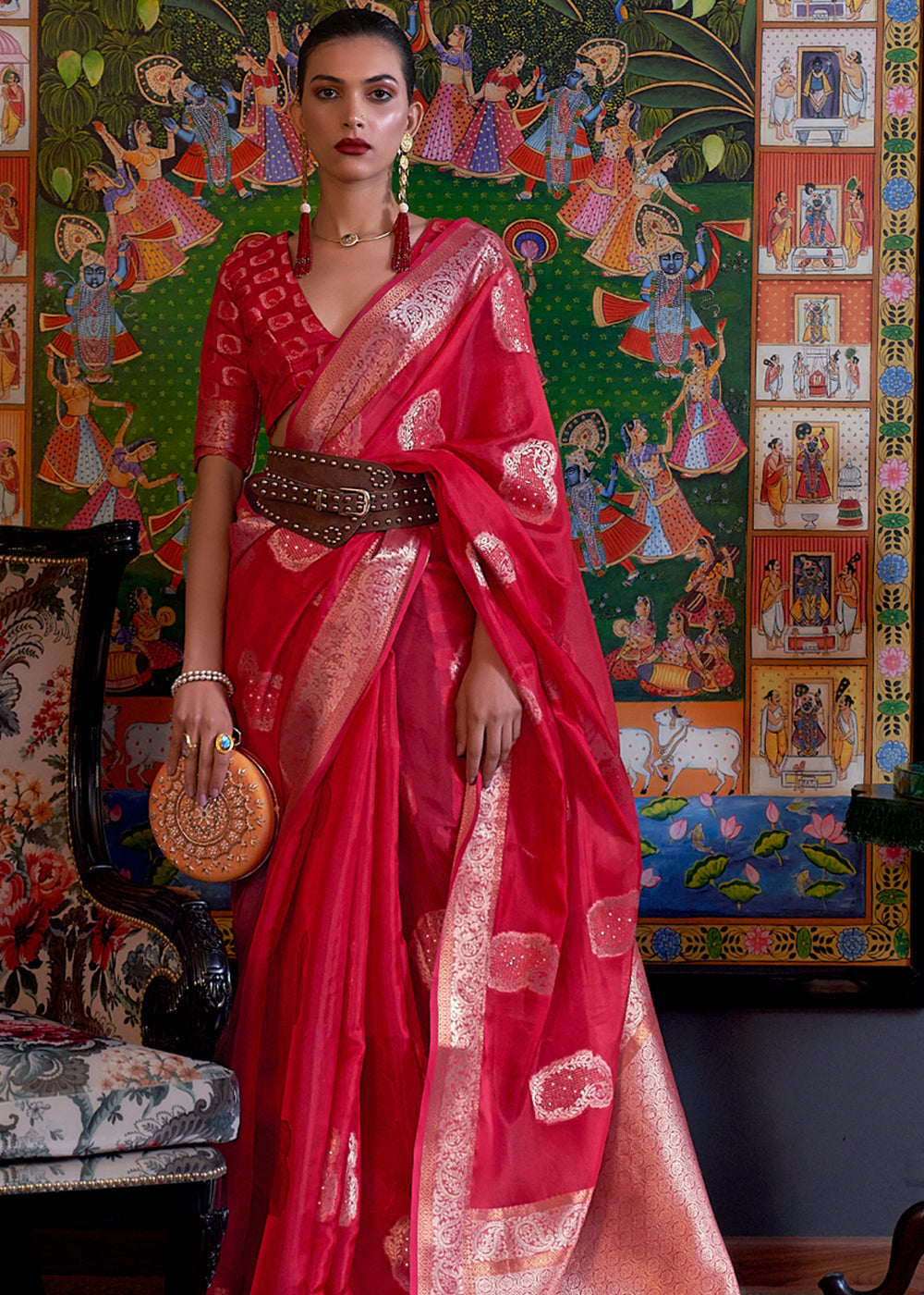Buy MySilkLove Rose Pearl Red Woven Banarasi Organza Silk Saree Online