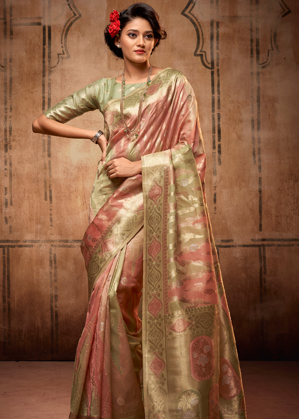 Buy MySilkLove Antique Pink and Green Zari Woven Banarasi Organza Saree Online