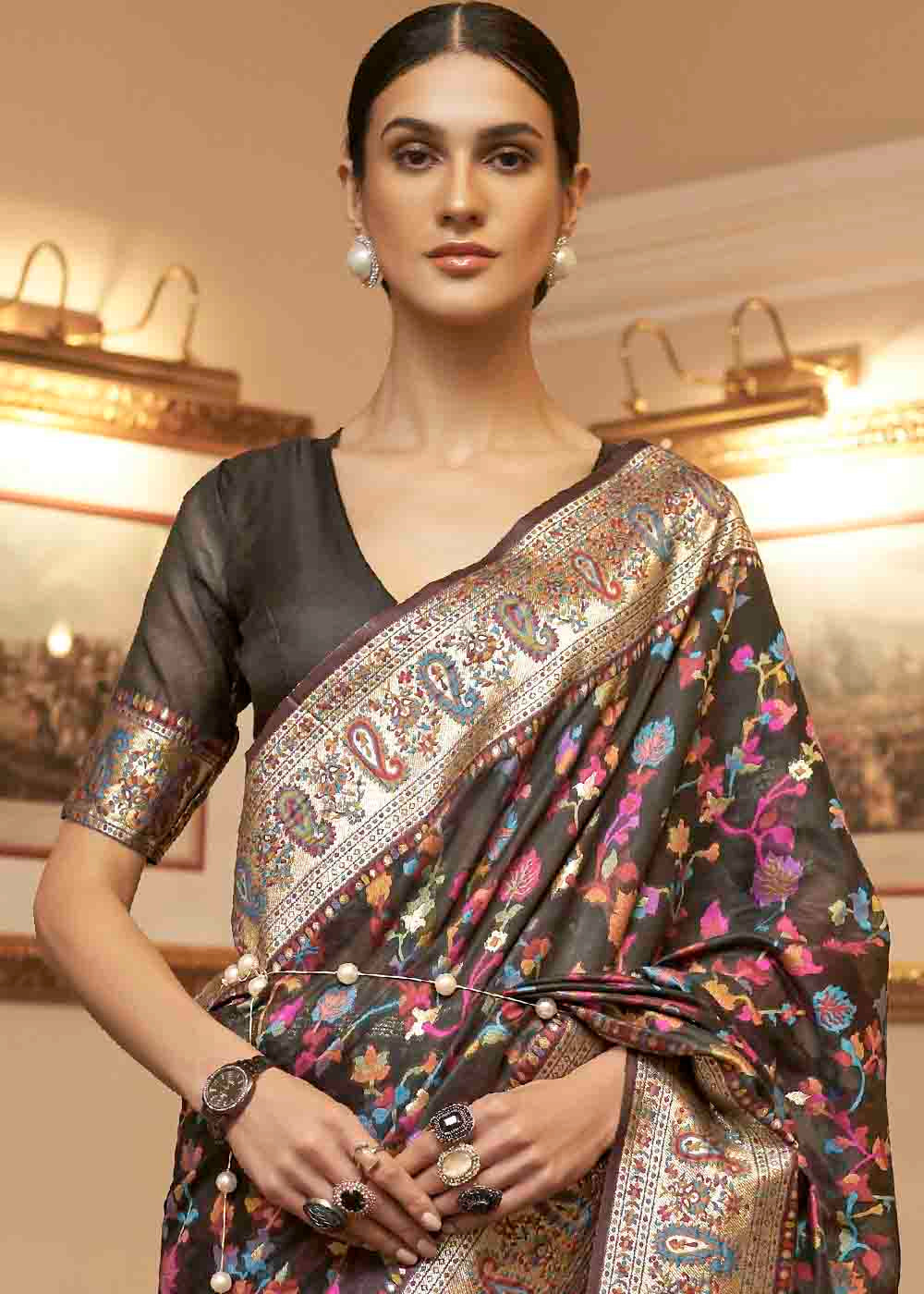 Buy MySilkLove Sonali Kulkarni in Taupe Black Banarasi Jamawar Woven Silk Saree Online